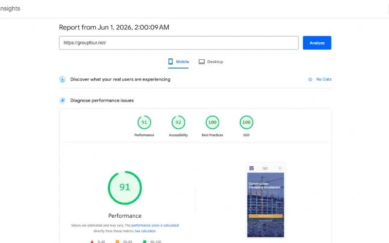 PageSpeed score 100/100 for Group Four Engineering