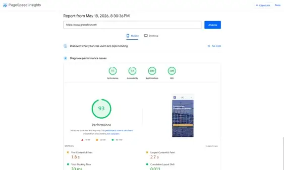Group Four Engineering mobile PageSpeed score
